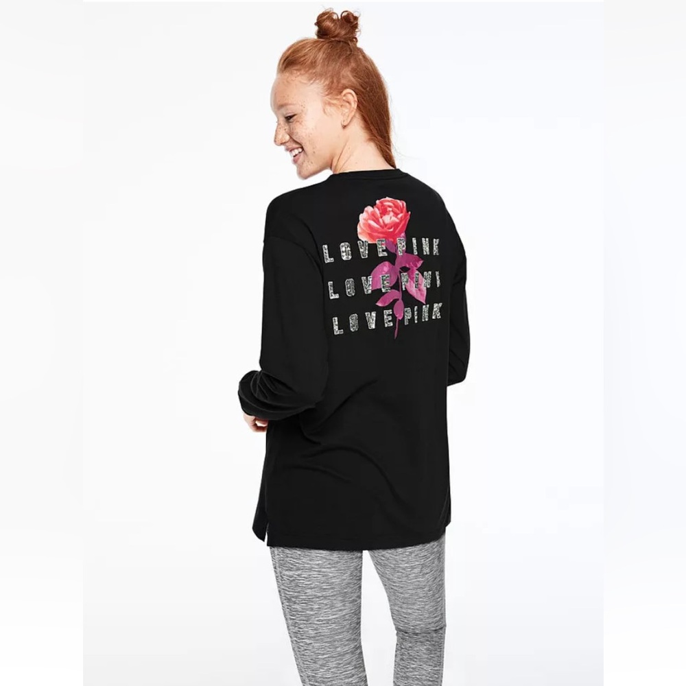 PINK Victoria’s Secret Rose Bling Black Sequin Campus Tee S